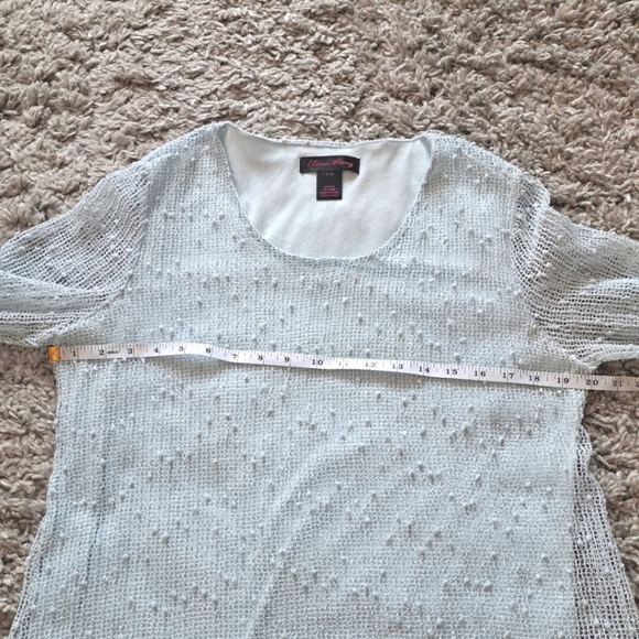 Elena Wang | Pastel blue long knit sweater with sequins & lace trim - Picture 9 of 11